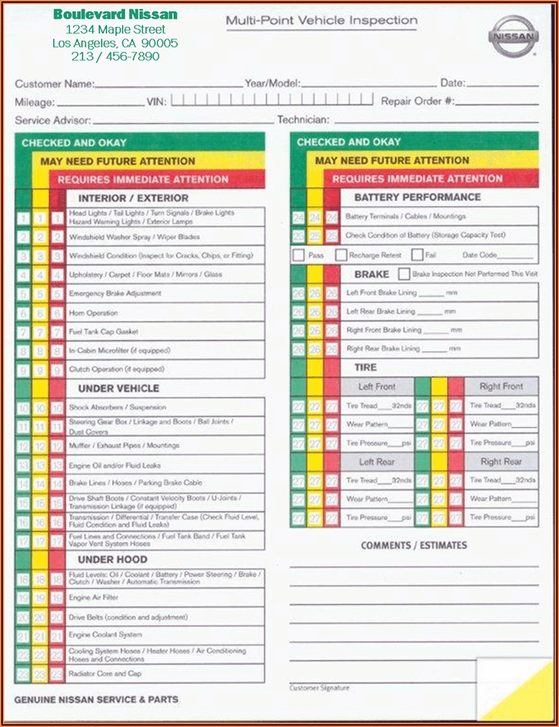 Vehicle Inspection Checklist Form Free Download