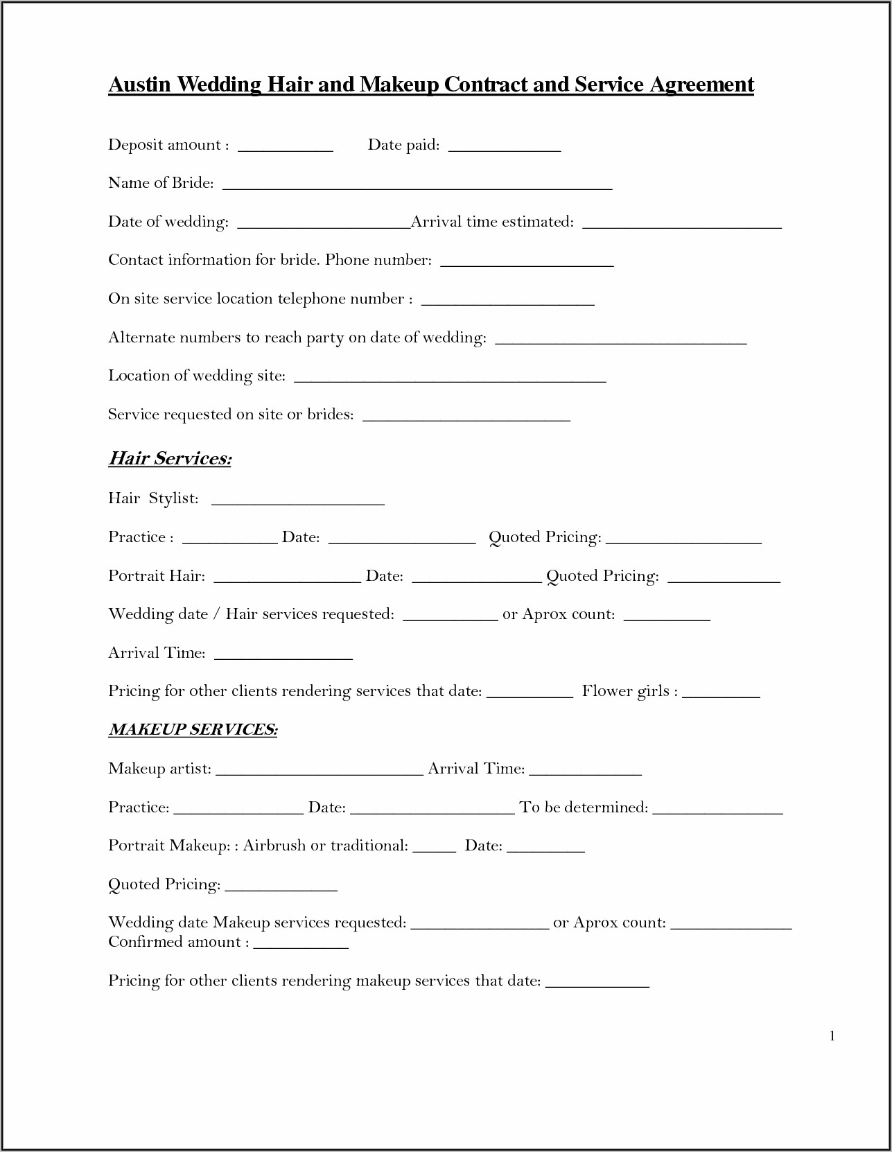 Wedding Contract Template For Hairdresser