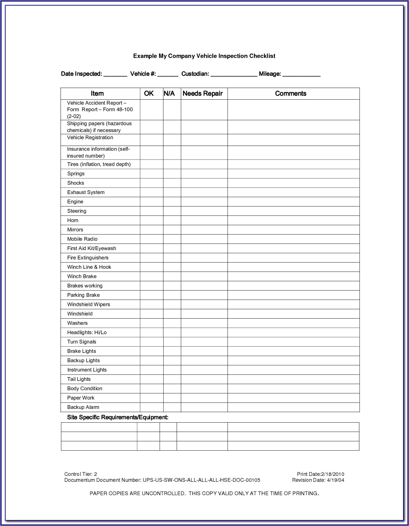Annual Vehicle Inspection Report Template Free