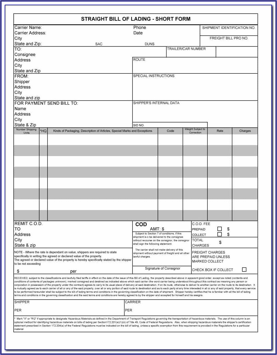 Bill Of Lading Example Form
