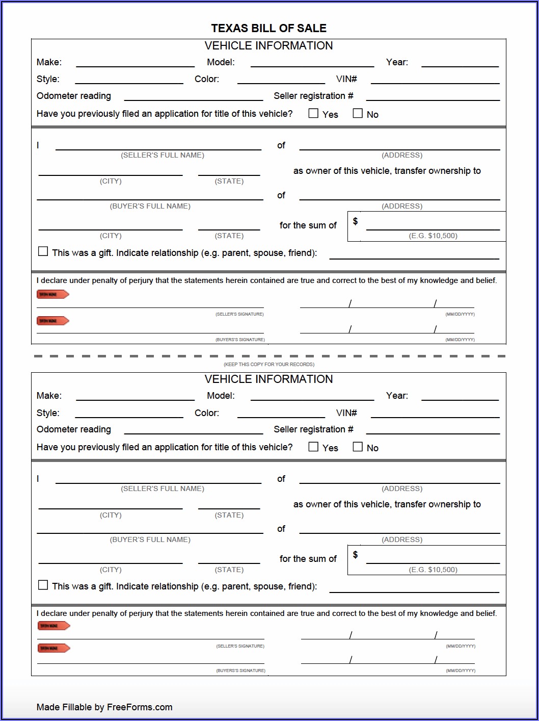 Blank Bill Of Sale Form For Car In Texas