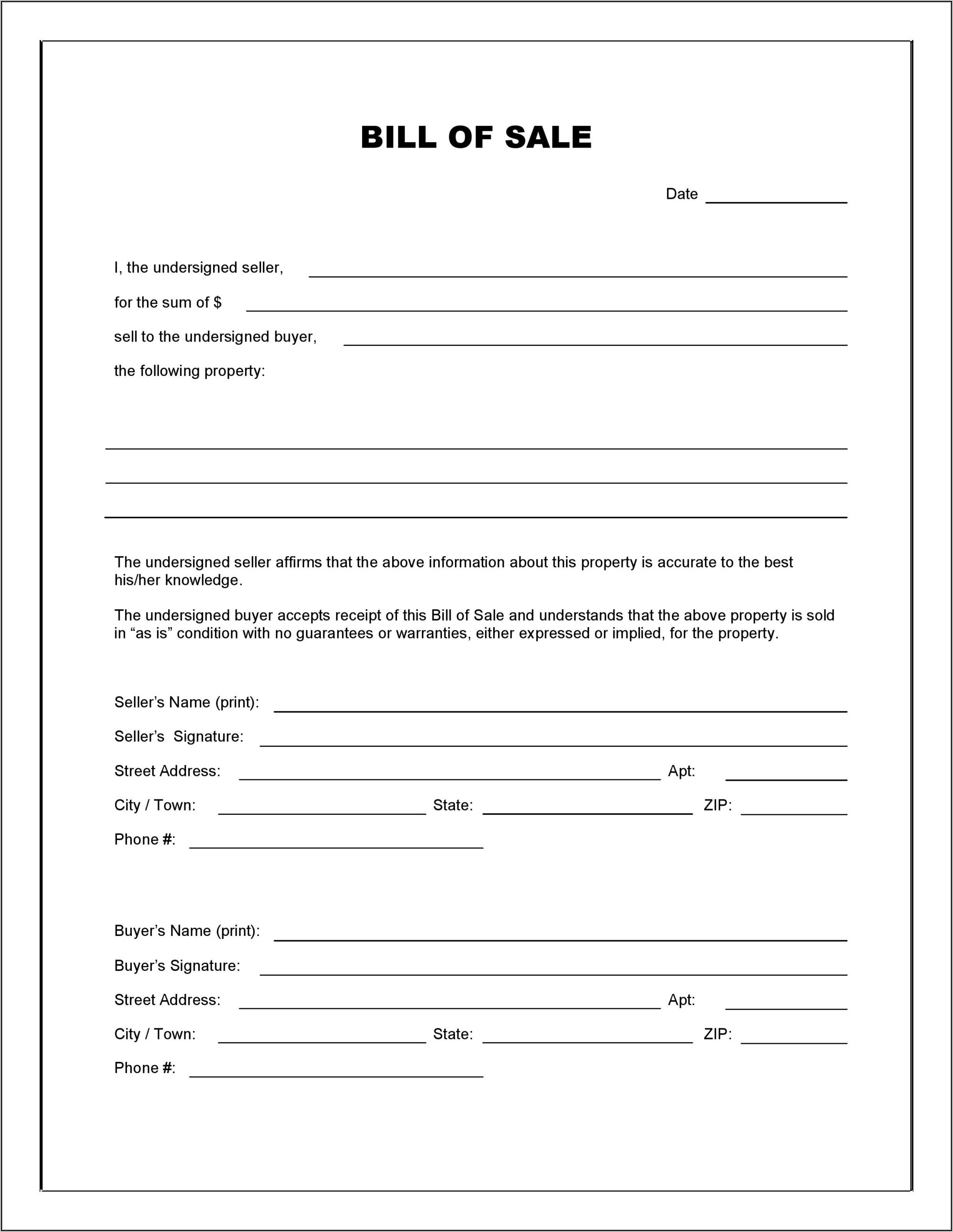 Blank Vehicle Bill Of Sale Form