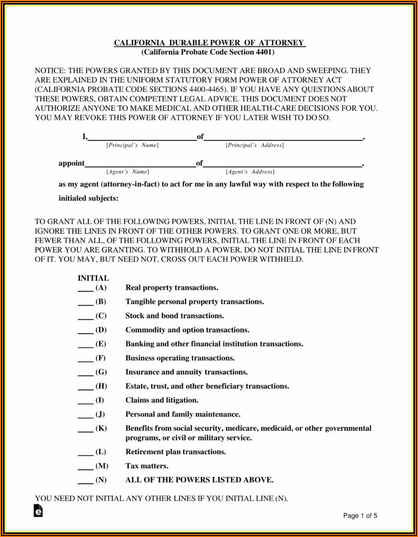 California Limited Durable Power Of Attorney Form
