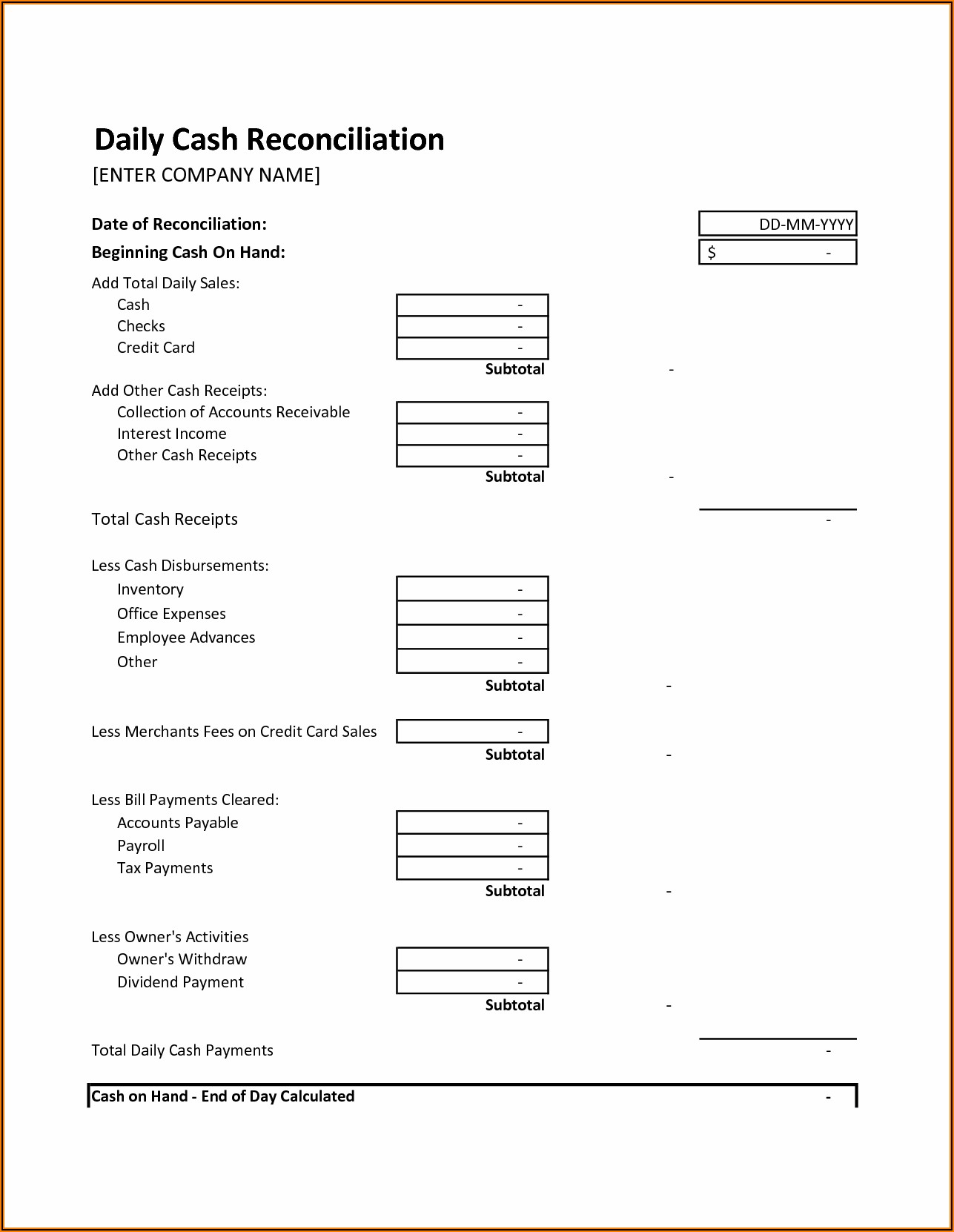 Cash Drawer Reconciliation Form Template