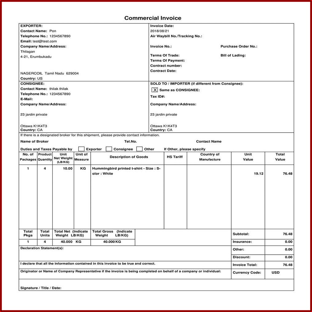 Commercial Invoice Template Canada To Usa