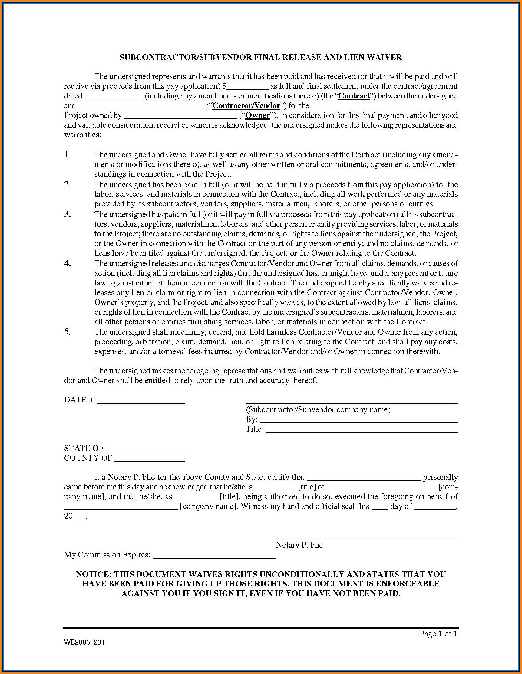Contractor Lien Release Form Utah