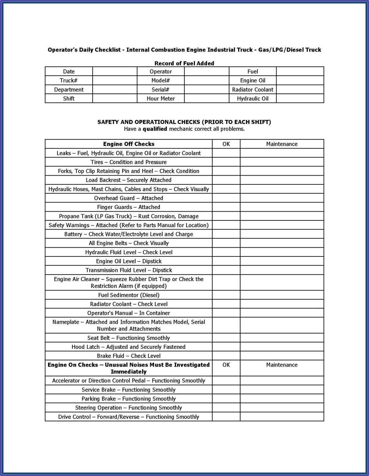 Forklift Checklist Example
