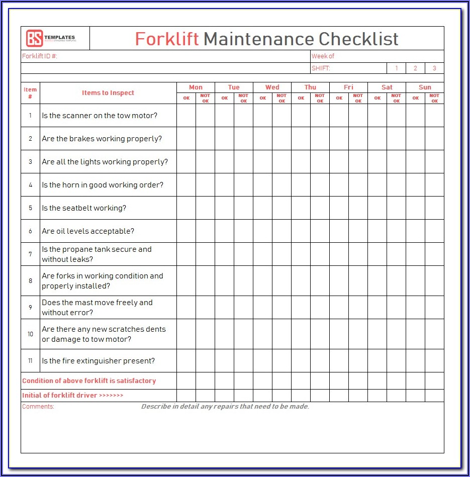 Forklift Checklist Template Pdf