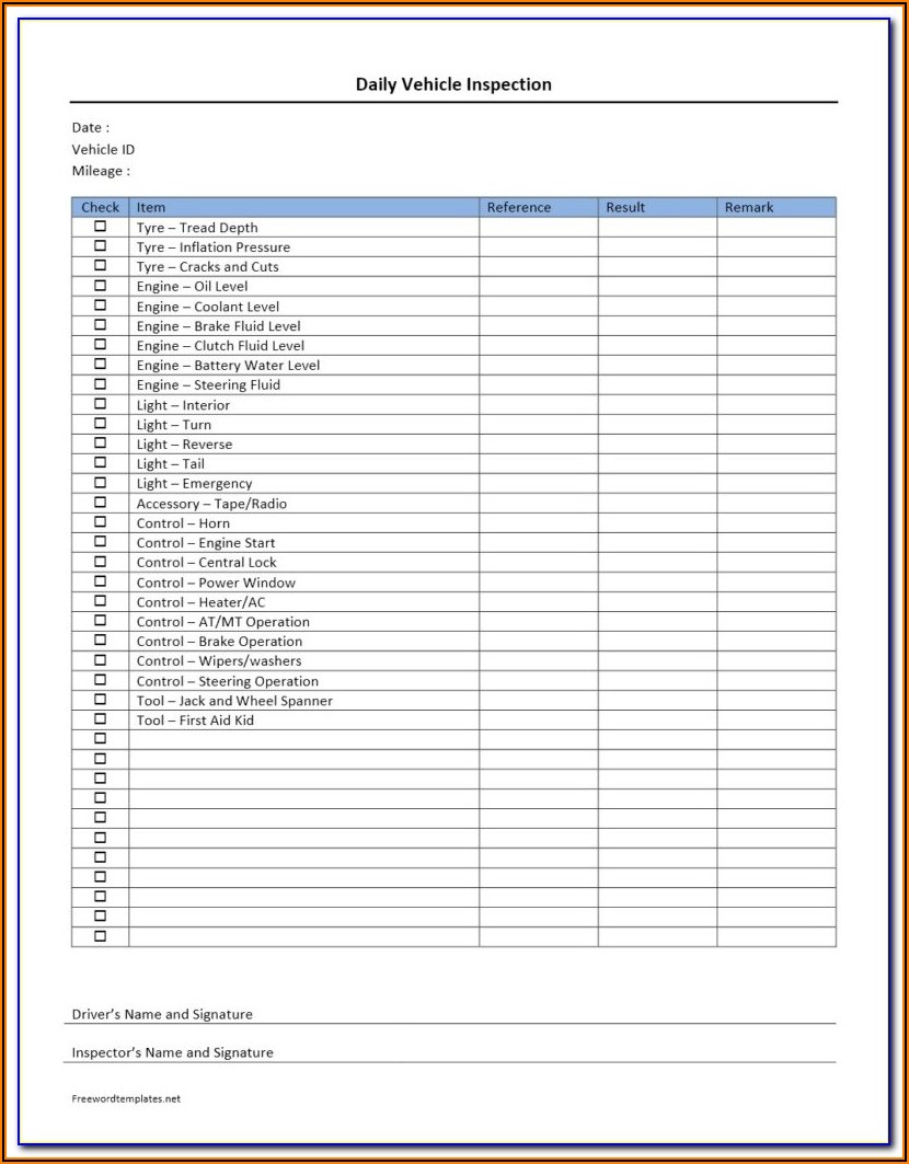 Free Hgv Vehicle Inspection Sheet Template