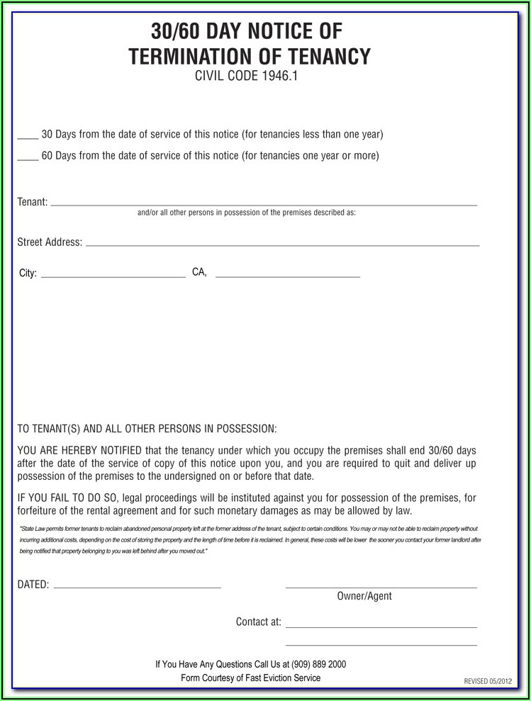 Free Landlord 30 Day Notice To Vacate Form