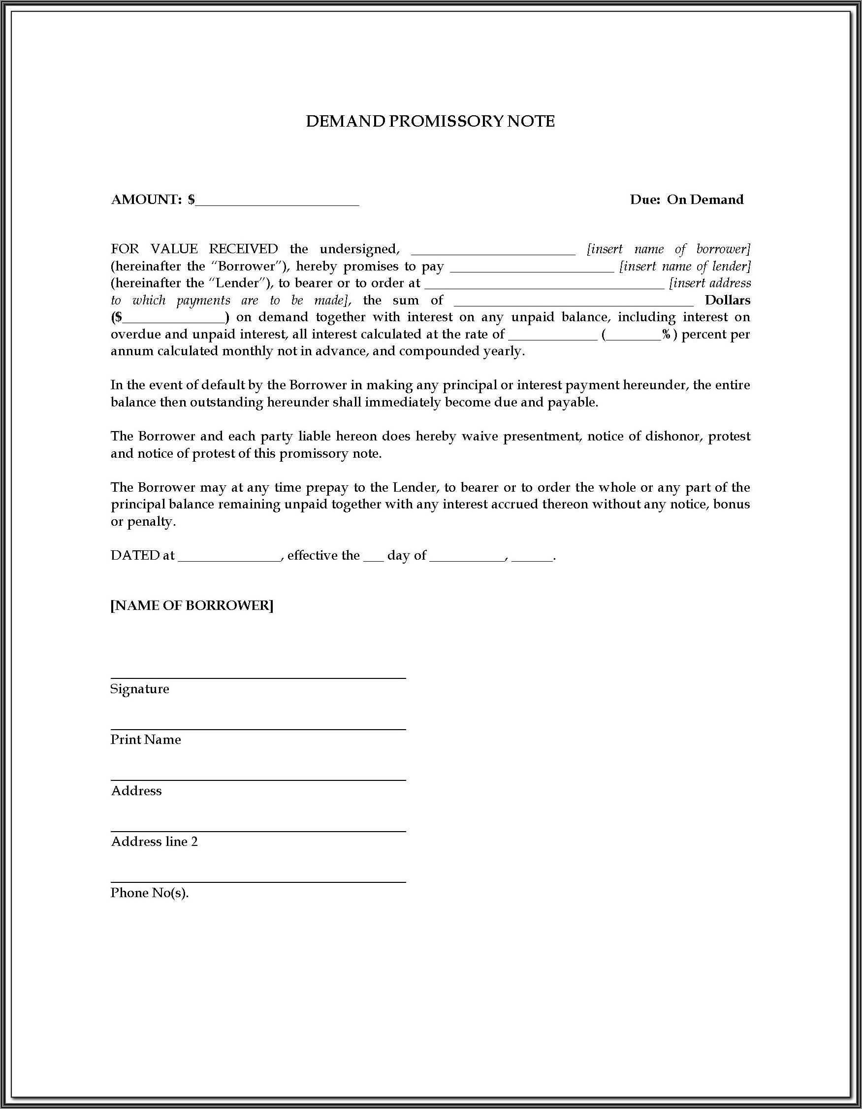 Free On Demand Promissory Note Template
