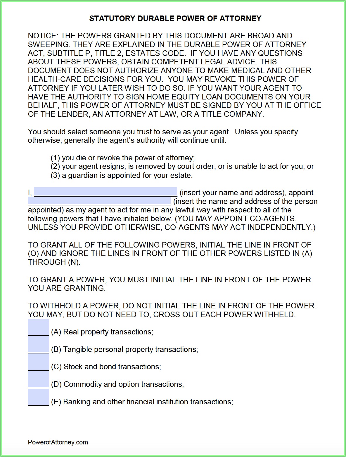 Free Printable General Power Of Attorney Form Texas