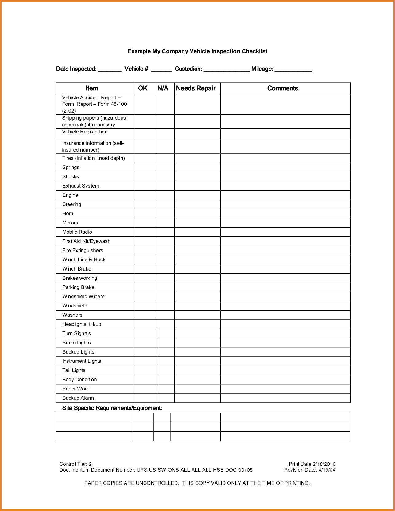 Free Vehicle Inspection Sheet Template Uk