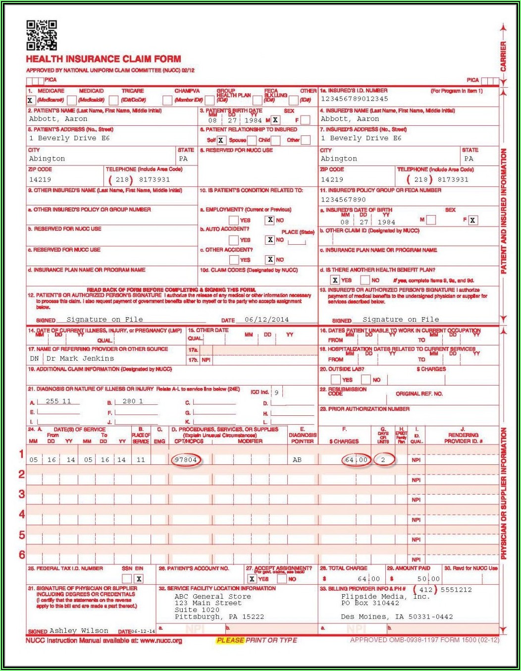 Hcfa 1500 Completed Cms 1500 Form Sample