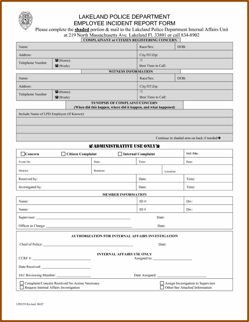 Identity Theft Police Report Form