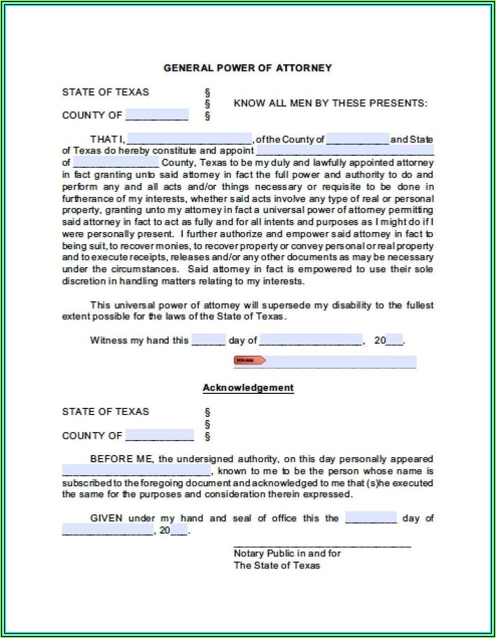 Printable General Power Of Attorney Form Texas