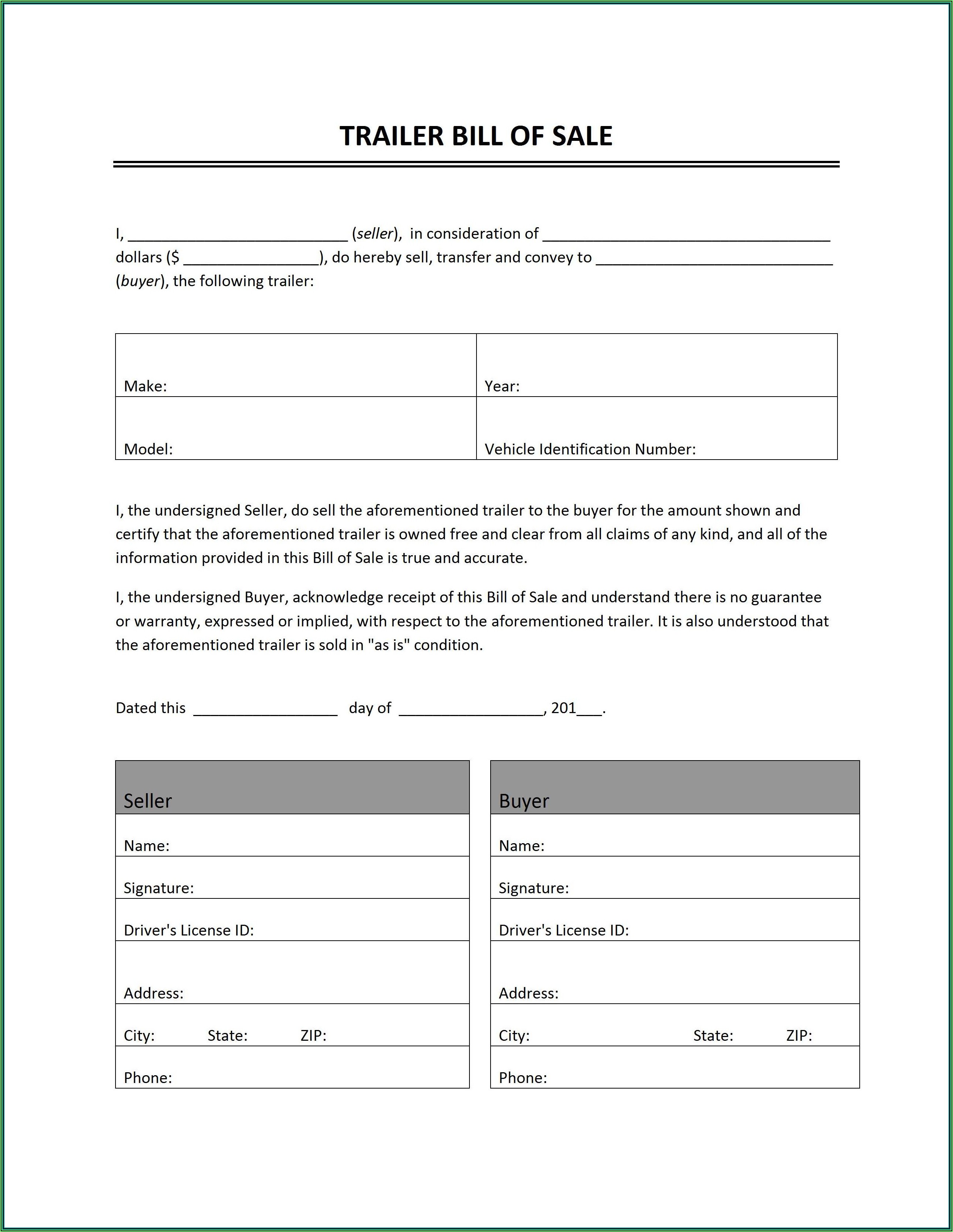 Printable Vehicle Bill Of Sale Template Fillable Pdf