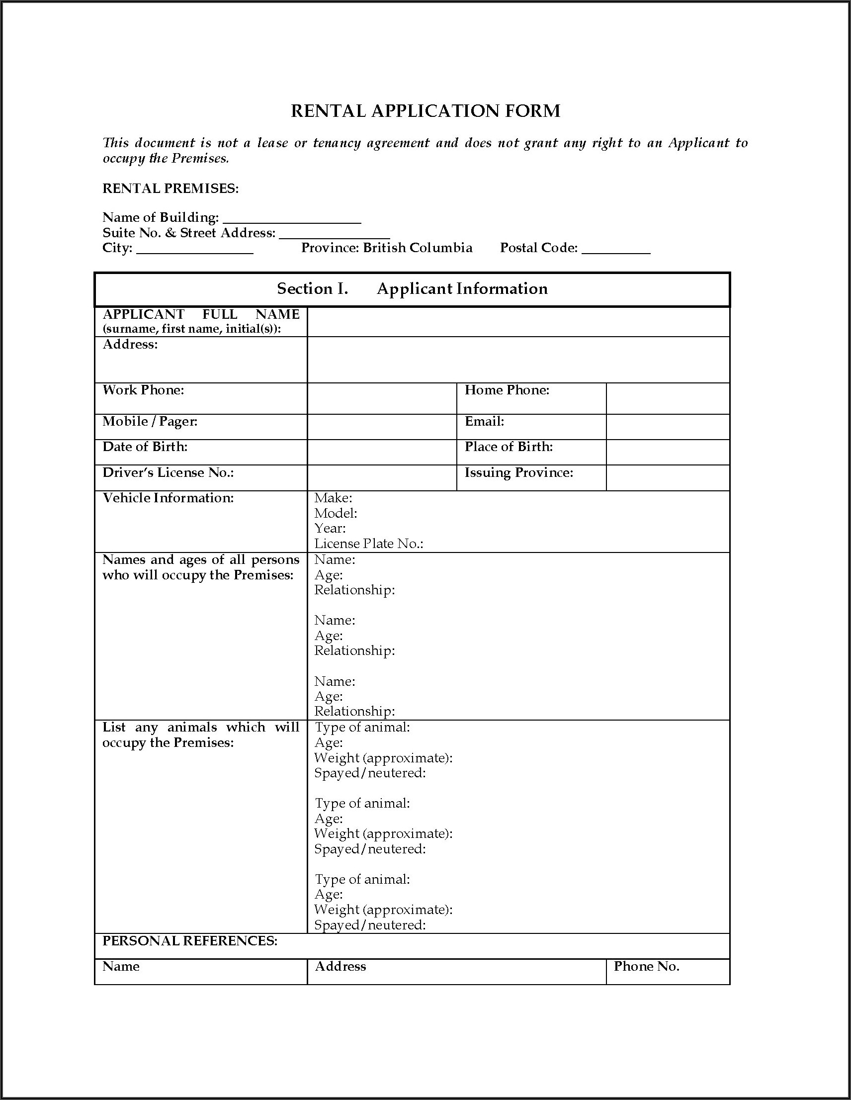 Residential Rental Application Form Bc