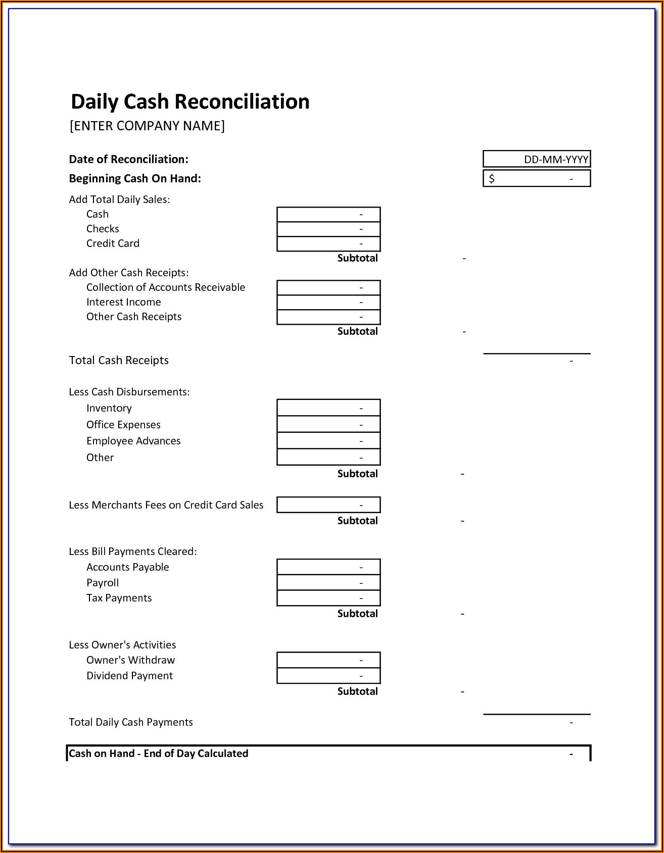 Retail Cash Drawer Reconciliation Form