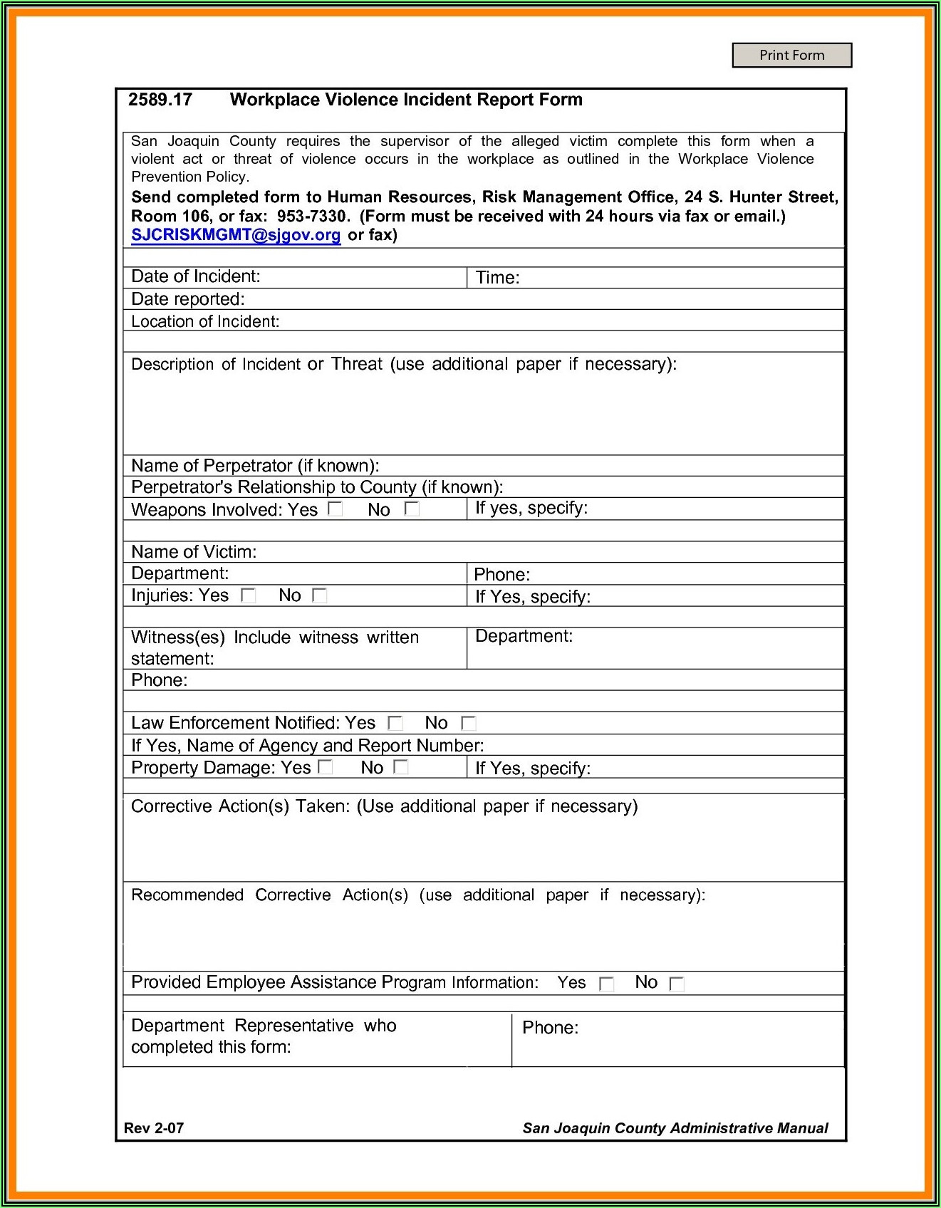 Sample Security Incident Report Form