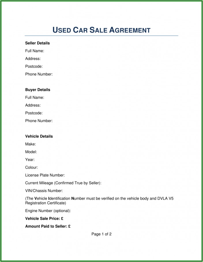 Vehicle Purchase Agreement Form Free Download