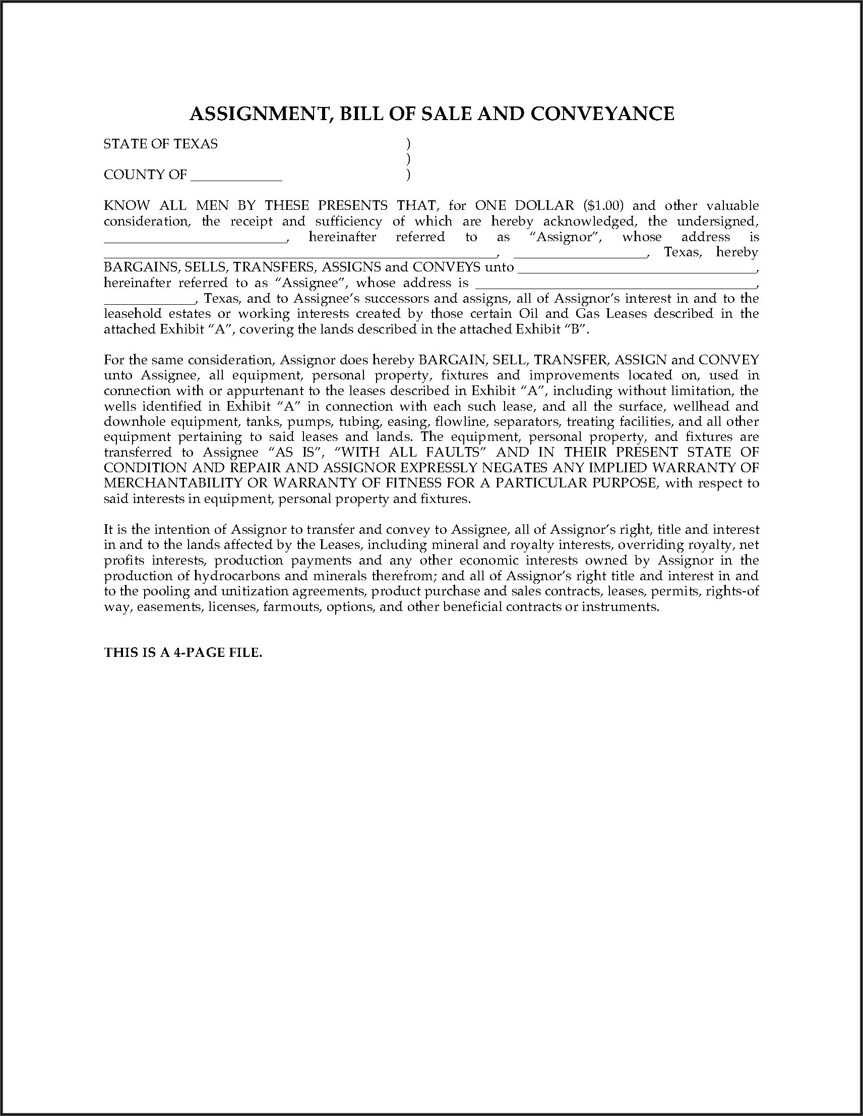 Assignment Of Oil And Gas Lease Form Texas