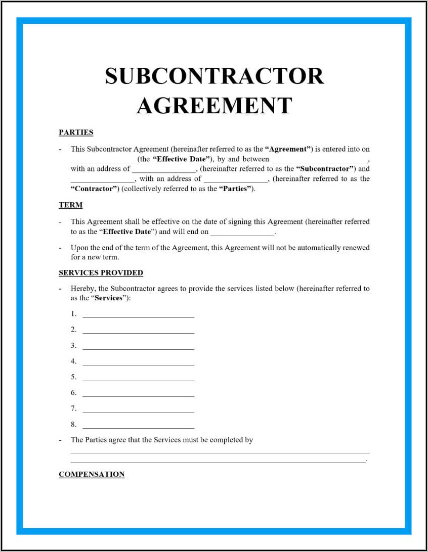 Contract For Subcontractors Template Free