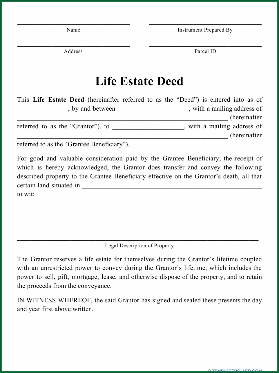Enhanced Life Estate Deed Florida Sample