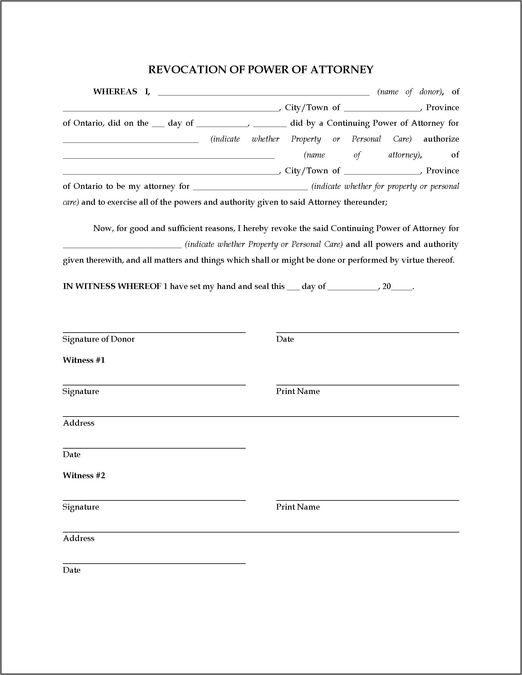 Free Revocation Of Power Of Attorney Template
