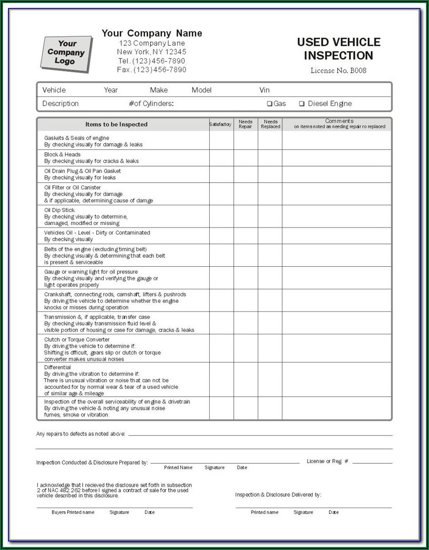 Motor Vehicle Inspection Report Form Sample