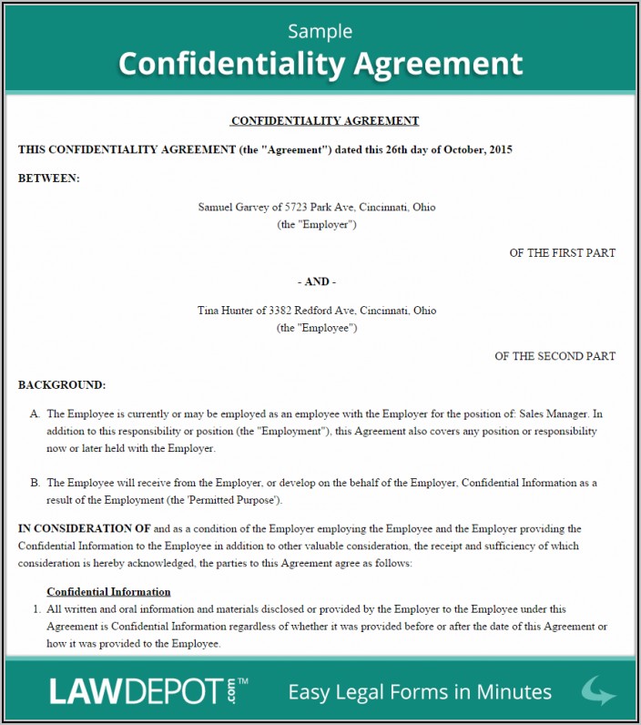 Non Disclosure And Confidentiality Agreement Sample