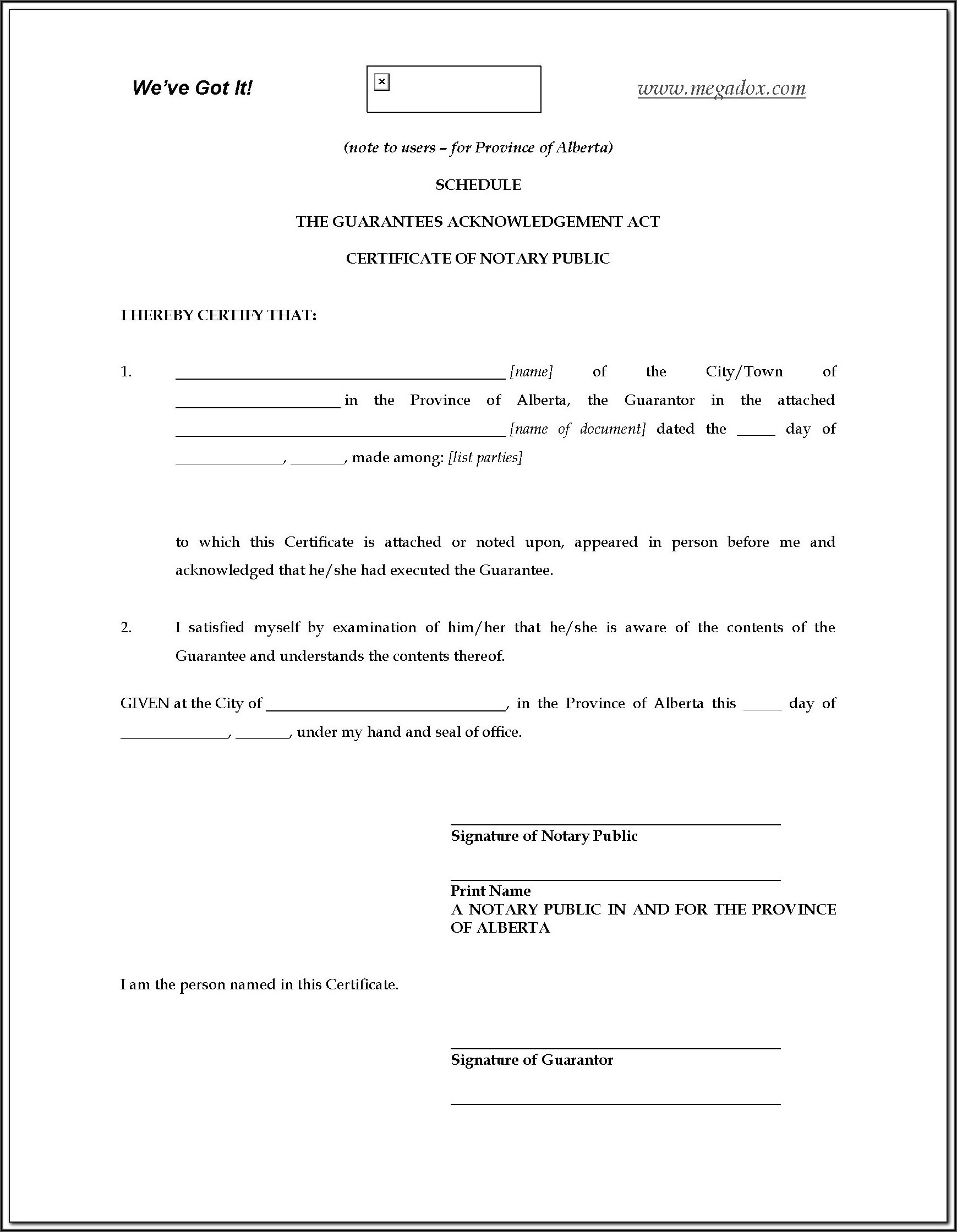 Notarial Certificate Form Alberta
