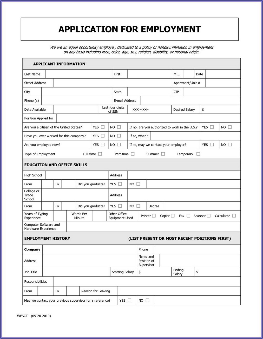 Printable Employment Application Form Free