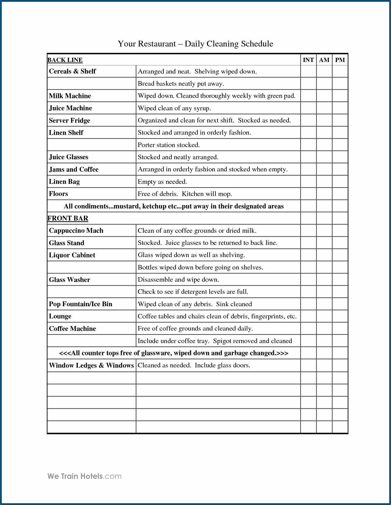 Restaurant Kitchen Cleaning Checklist Template