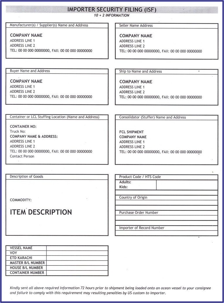 U.s. Importer Security Filing Submission Form