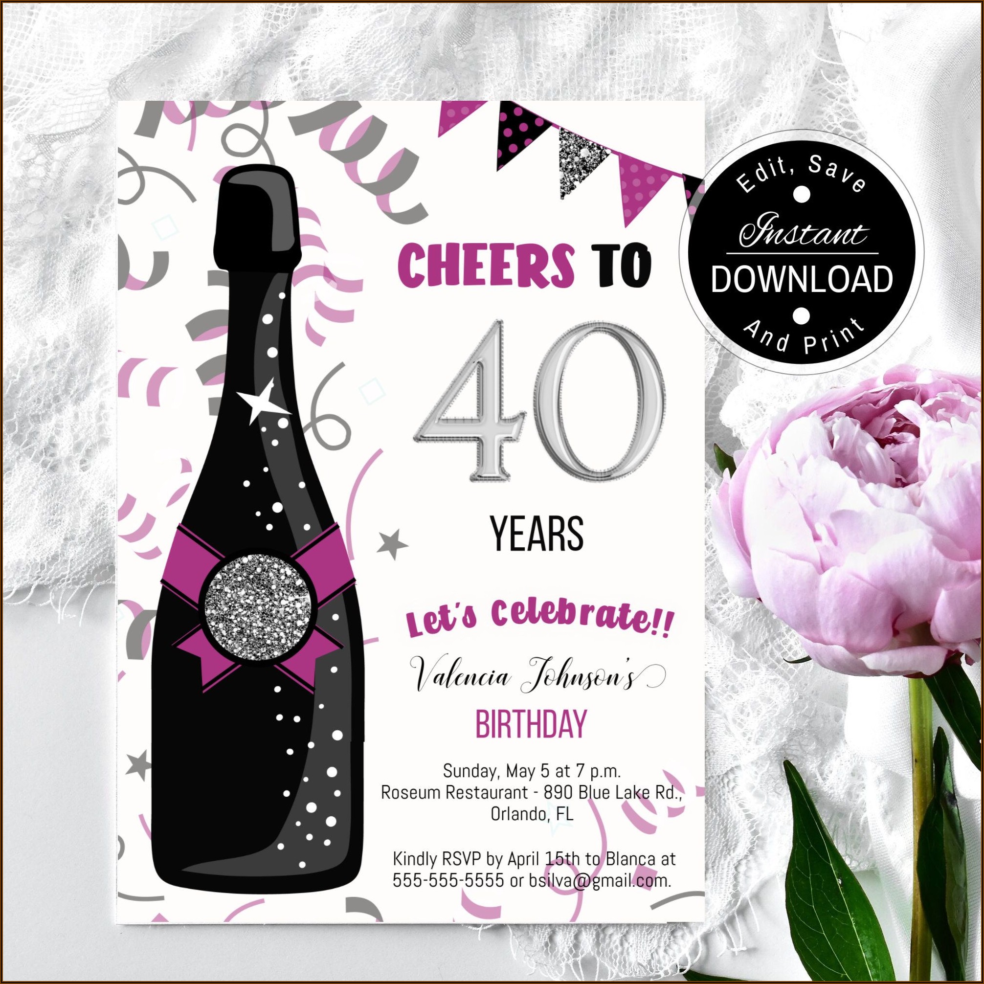 40th Birthday Party Invitations For Her