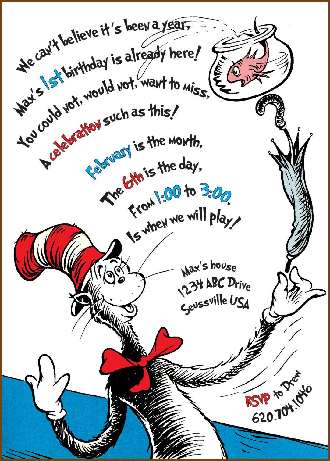 Cat In The Hat First Birthday Invitations