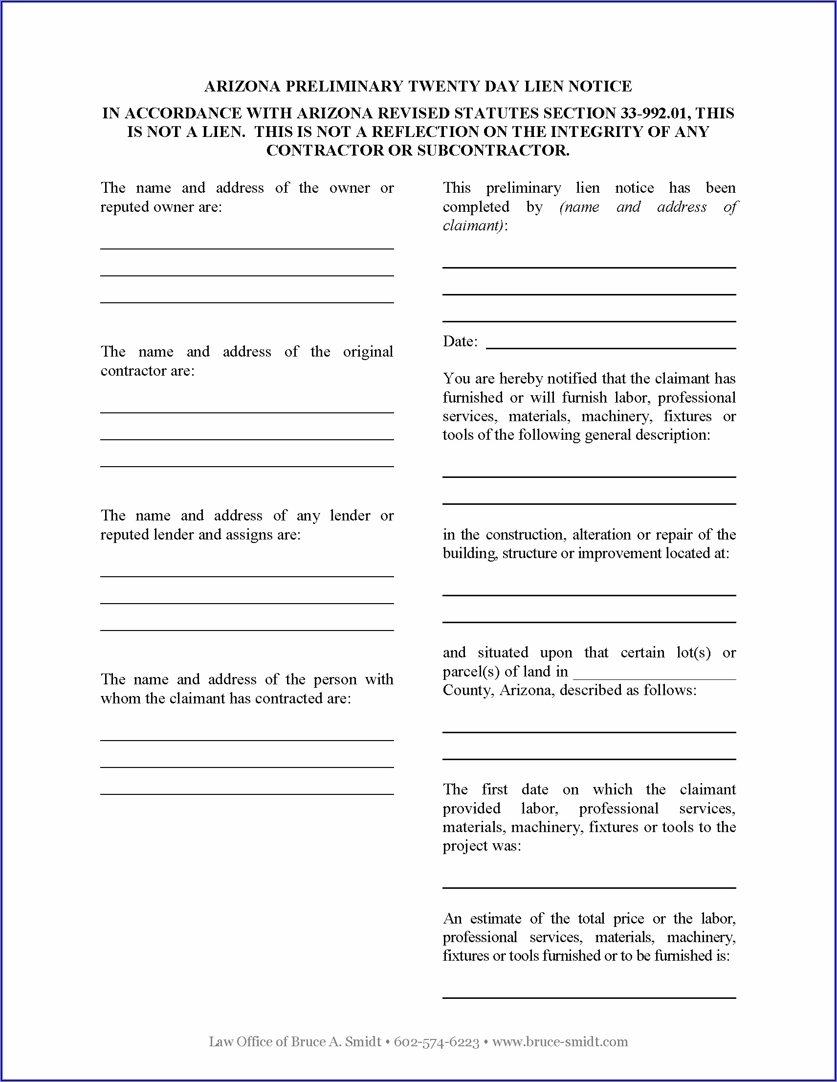 Arizona 20 Day Preliminary Notice Form