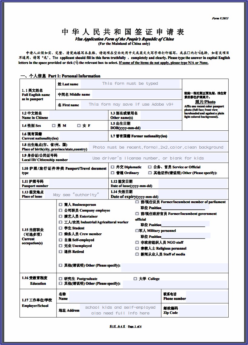 Chinese Visitor Visa Application Form