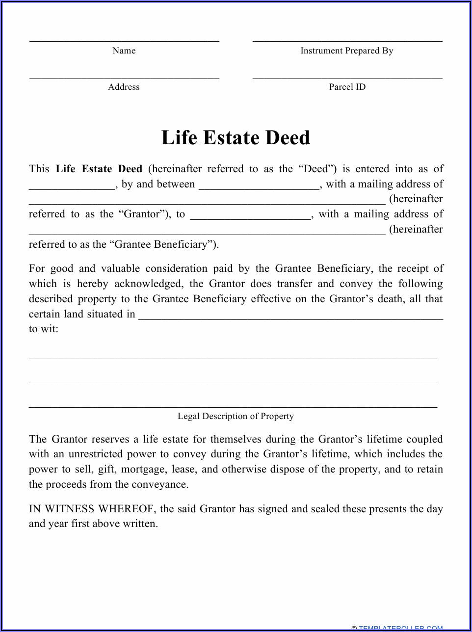 Free Life Estate Deed Form Texas