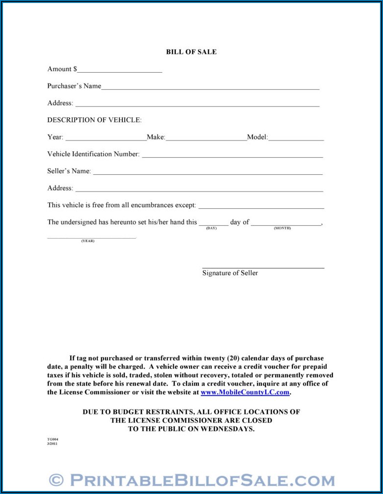Free Printable Blank Bill Of Sale Form