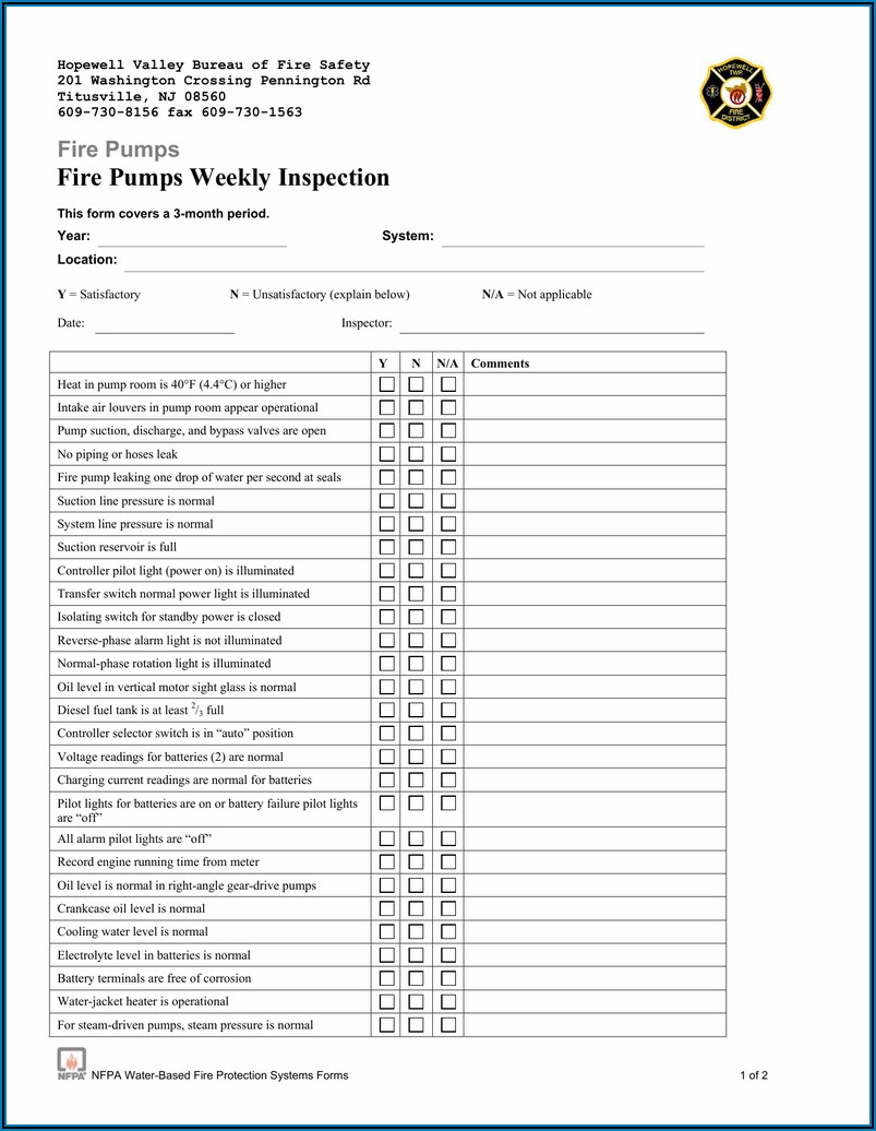Nfpa 25 Nfpa Fire Sprinkler Inspection Forms