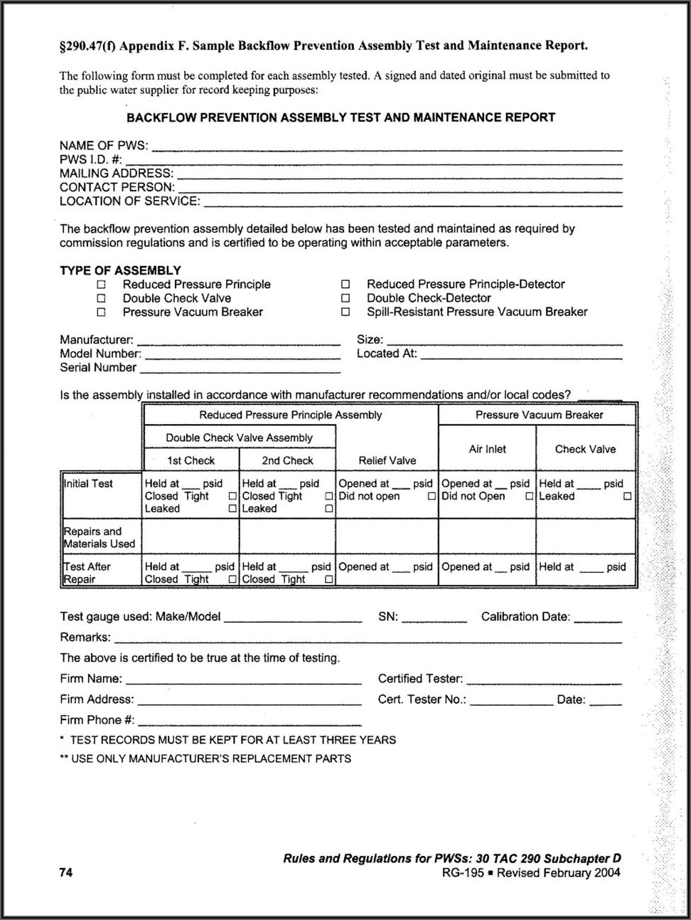 Tceq Backflow Test Report Form