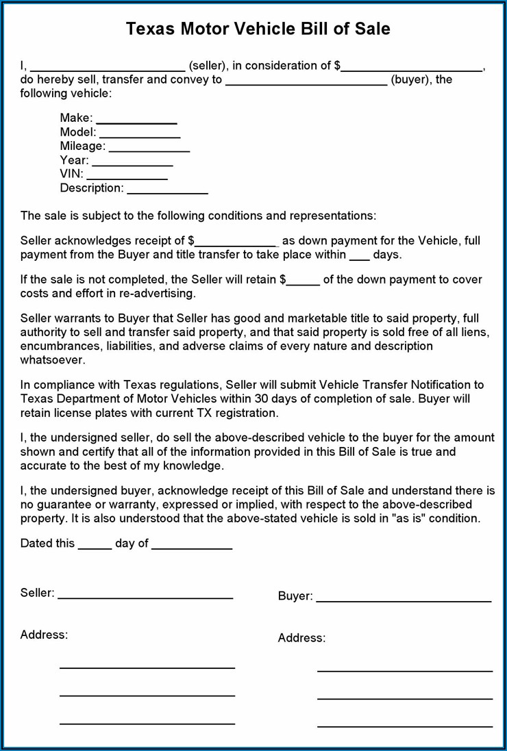 Vehicle Bill Of Sale Form Free Printable