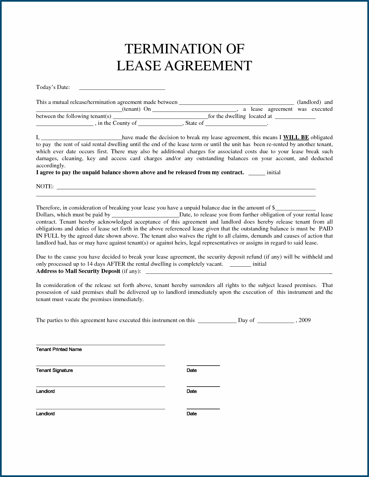 Early Termination Of Rental Lease Agreement Form