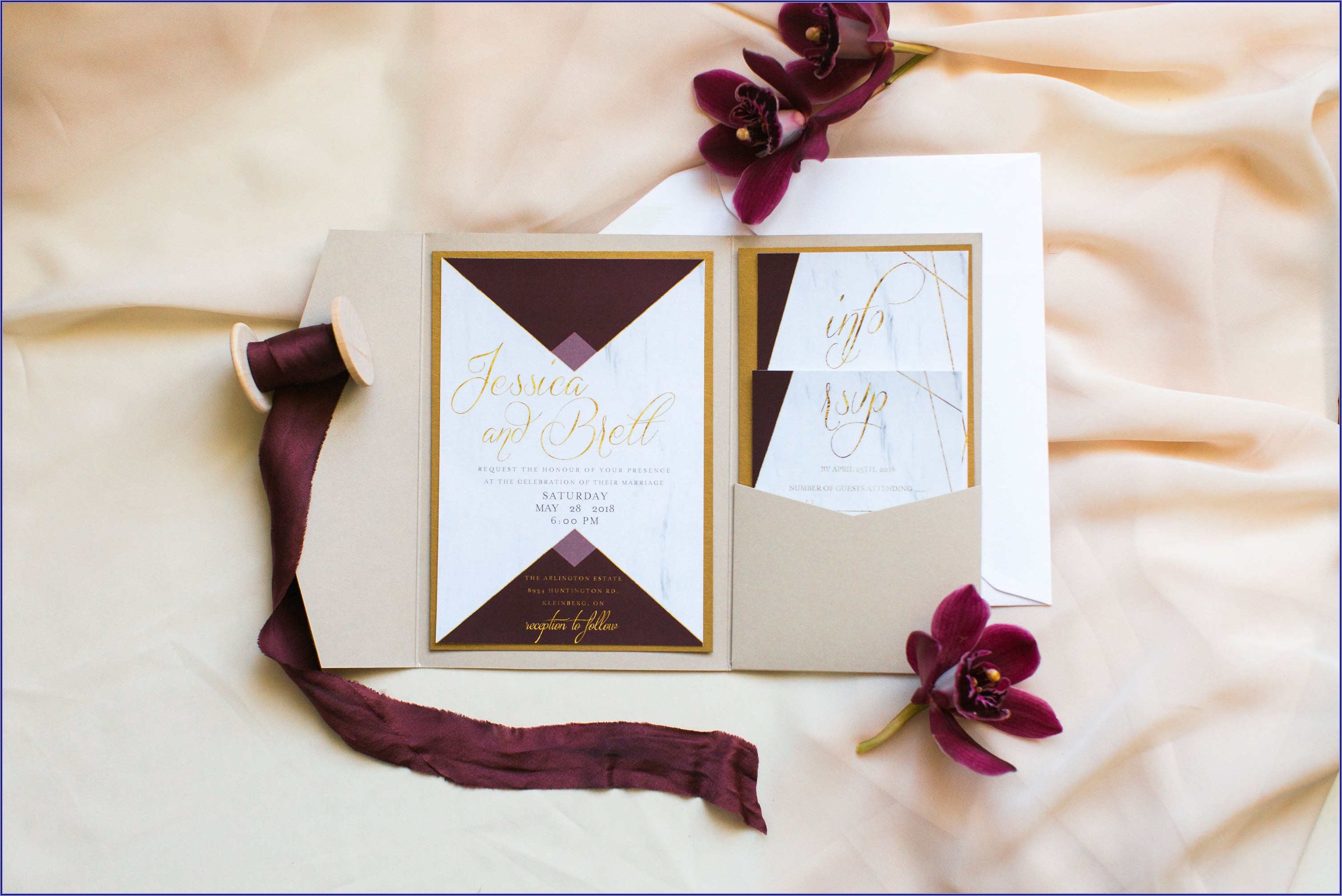 Elegant Burgundy And Gold Wedding Invitations