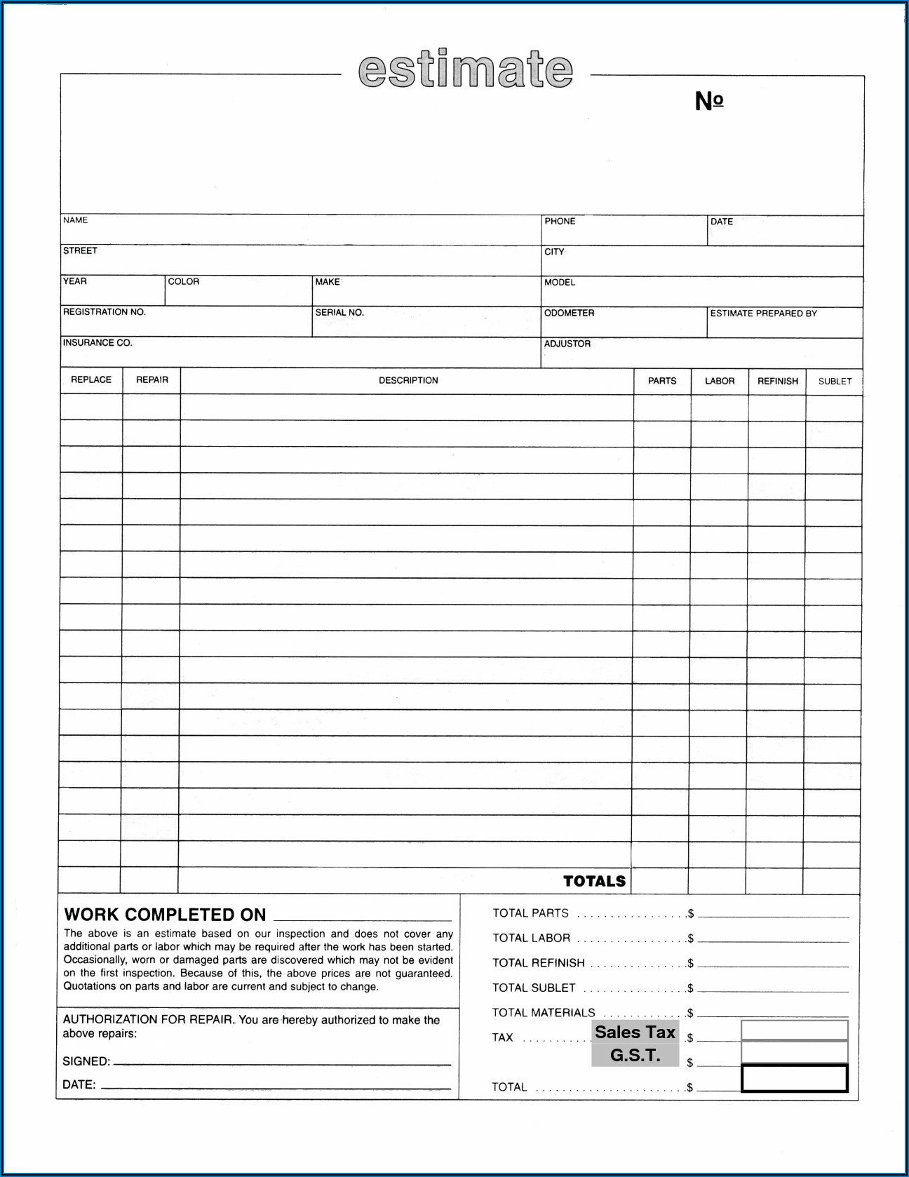 Free Printable Auto Body Estimate Forms