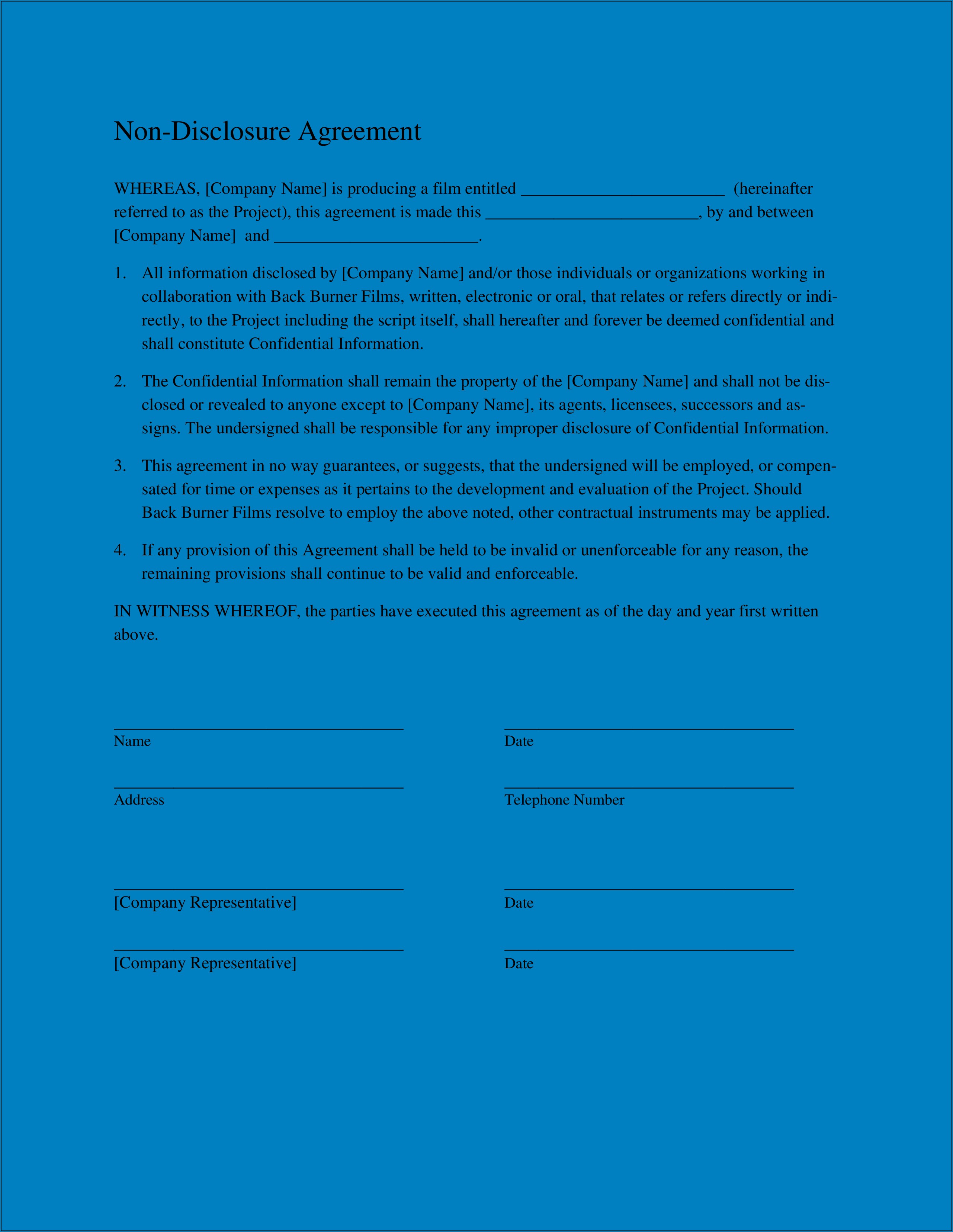 Generic Non Disclosure Agreement Template