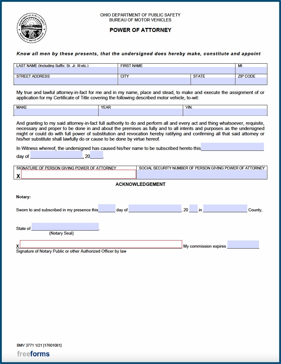 Power Of Attorney Form For Title Transfer Ohio