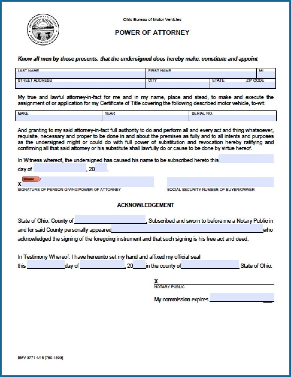 Power Of Attorney Form To Transfer Car Title